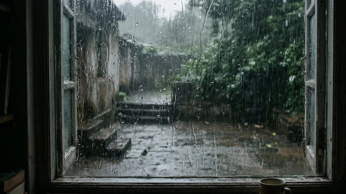 Heavy rain running down a window pane, a wet stone courtyard blurred beyond the glass