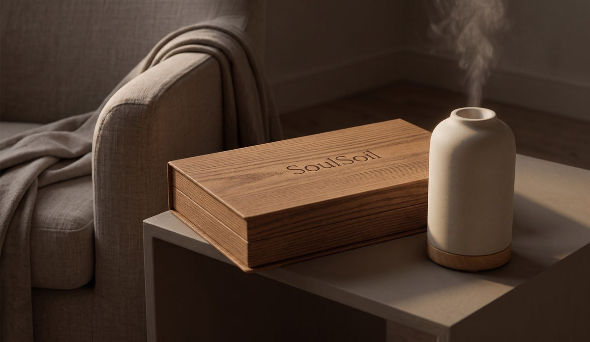 Closed wooden SoulSoil box on a pale side table beside a ceramic diffuser releasing mist, with a linen sofa and throw behind.