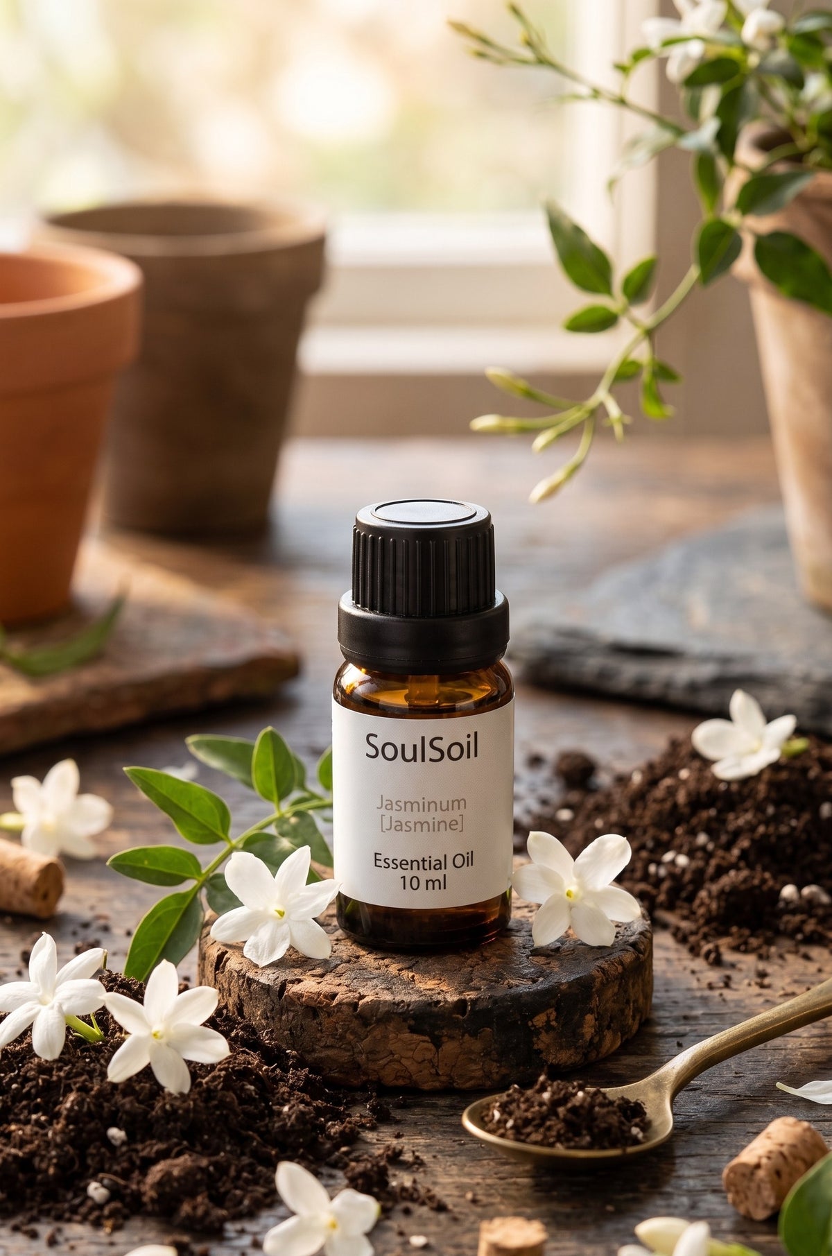SoulSoil jasmine bottle, labelled Jasminum, 10 ml, on a cork disc surrounded by white jasmine flowers, dark soil and a brass spoon, with terracotta pots by a window behind.