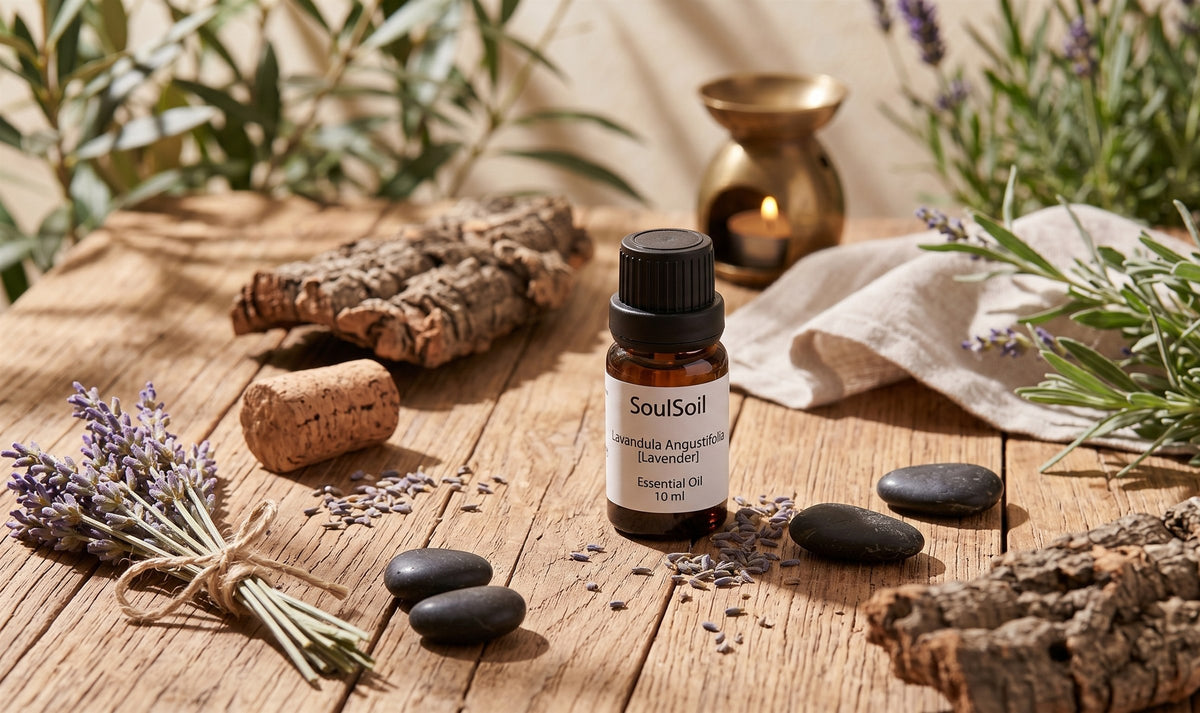 SoulSoil lavender bottle, labelled Lavandula angustifolia, 10 ml, on weathered wood with tied lavender, a cork stopper, dark pebbles and a lit brass oil burner.
