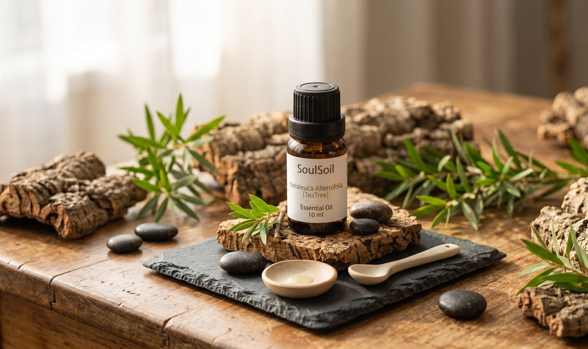 SoulSoil tea tree bottle on cork over a slate tile, with tea tree sprigs, dark pebbles, a ceramic dish holding a little oil and a ceramic spoon.