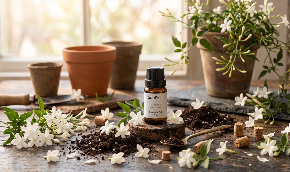 SoulSoil jasmine bottle on a cork disc, surrounded by jasmine flowers, scattered soil, corks, a trowel and potted jasmine at a sunlit window.