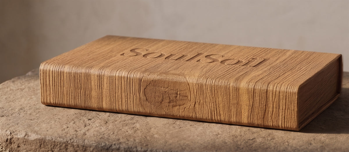 Closed wooden SoulSoil box, lid debossed with the wordmark, resting on a rough stone ledge against a plain wall.