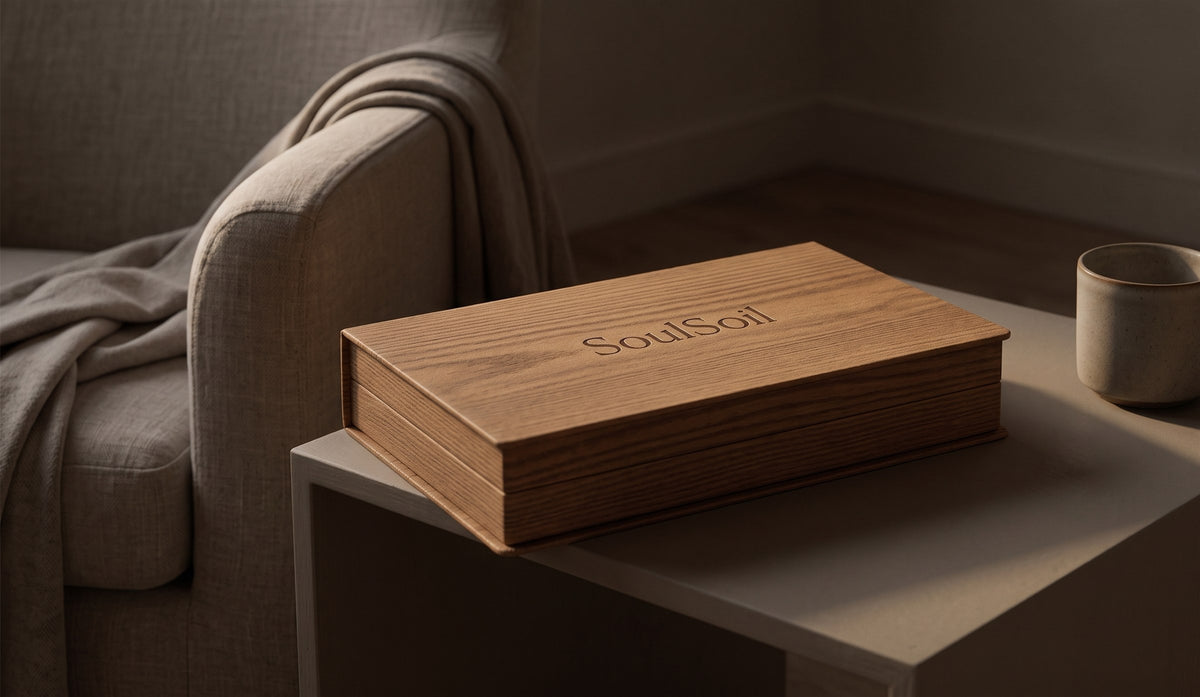 Closed wooden SoulSoil box on a pale side table beside a ceramic cup, with a linen sofa and throw behind in low evening light.