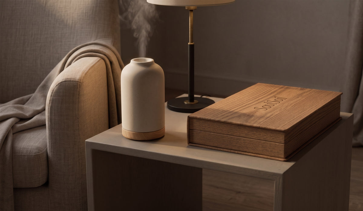 Closed wooden SoulSoil box on a side table beside a ceramic diffuser releasing mist and a brass table lamp, in a softly lit living room.