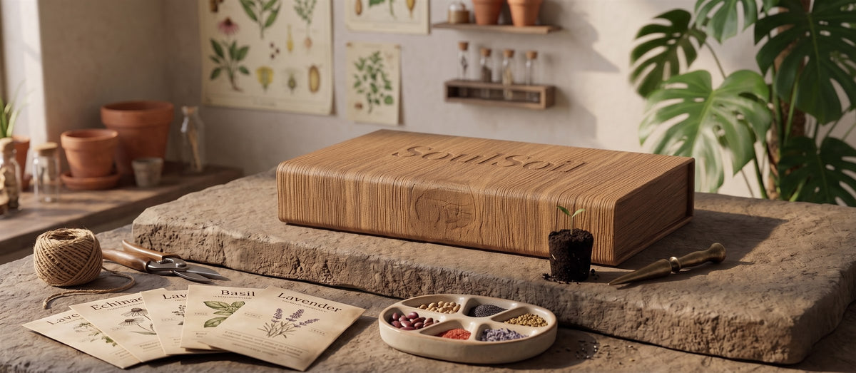 Closed wooden SoulSoil box on a stone slab in a potting room, with seed packets, a seed tray, twine, secateurs and a seedling arranged around it.