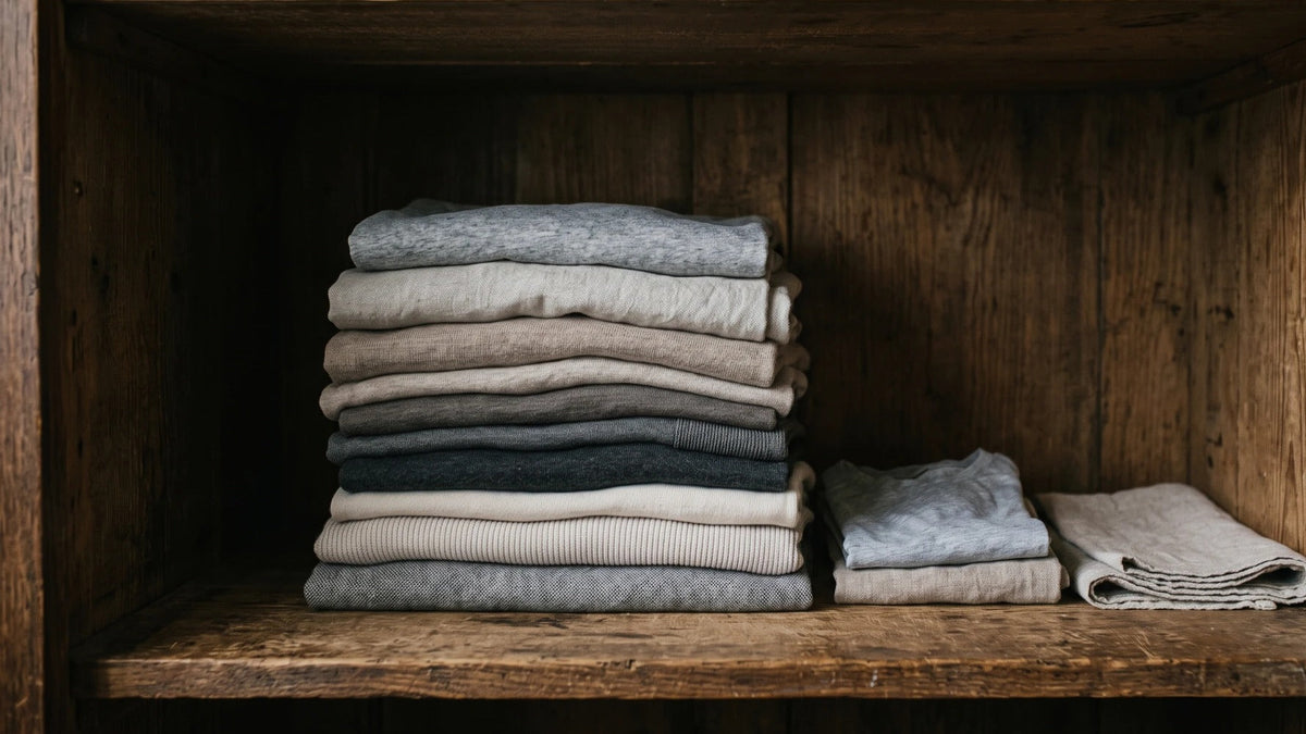 Folded cotton and linen in muted greys stacked on a worn wooden wardrobe shelf