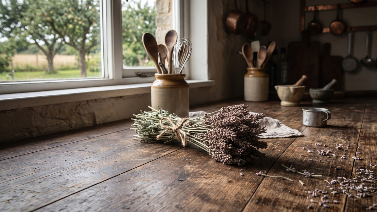 A tied bundle of dried lavender stems on a worn wooden table, loose buds scattered across the boards