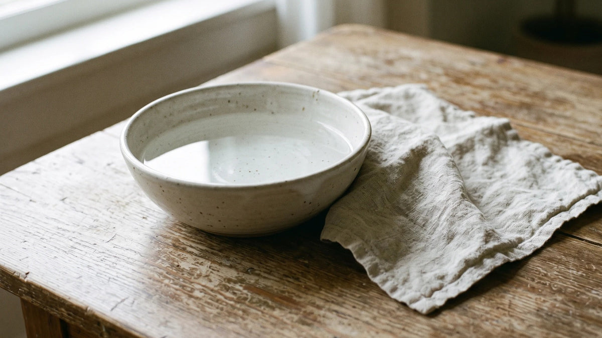 A shallow ceramic bowl of water beside a loosely folded linen cloth on a wooden table