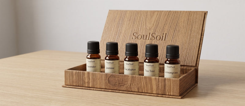 Open wooden SoulSoil box with five amber glass bottles upright in a divided tray, labelled lavender, jasmine, eucalyptus, tea tree and lemongrass.