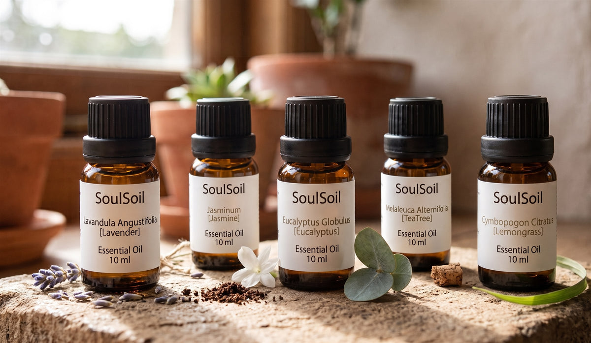 Five amber SoulSoil bottles in a row on stone, each labelled with its botanical name and 10 ml, with lavender, jasmine and eucalyptus sprigs between them.