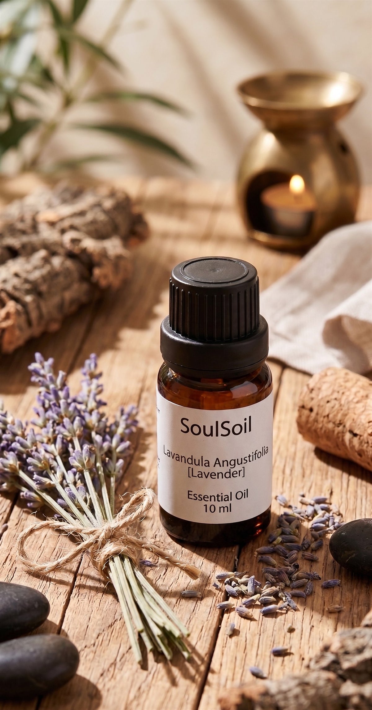 SoulSoil lavender bottle, labelled Lavandula angustifolia, 10 ml, on weathered wood with a tied bundle of dried lavender, loose buds, cork bark and a lit brass oil burner behind.
