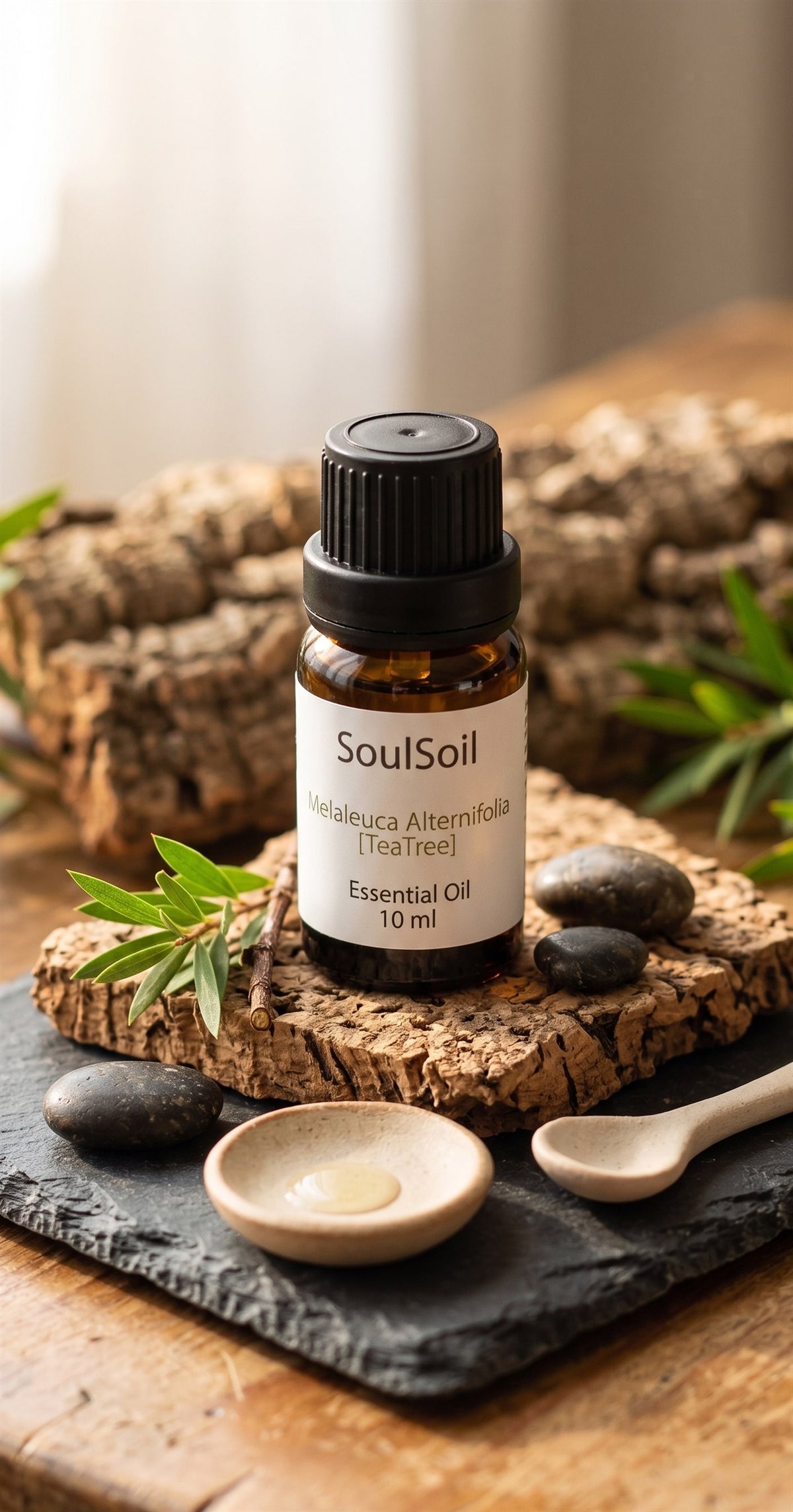 SoulSoil tea tree bottle, labelled Melaleuca alternifolia, 10 ml, on cork over a slate tile, with a tea tree sprig, dark pebbles, a small ceramic dish of oil and a ceramic spoon.