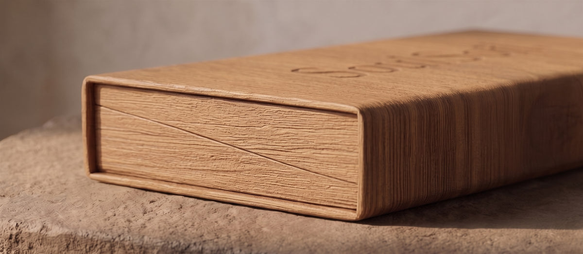 Close-up of the closed wooden SoulSoil box on a stone ledge, showing the lid capping over the base along one long edge.