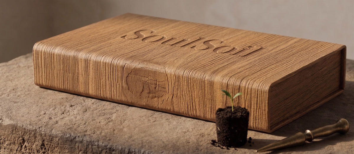 Closed wooden SoulSoil box on a rough stone ledge, with a seedling in a soil plug and a brass dibber beside it.